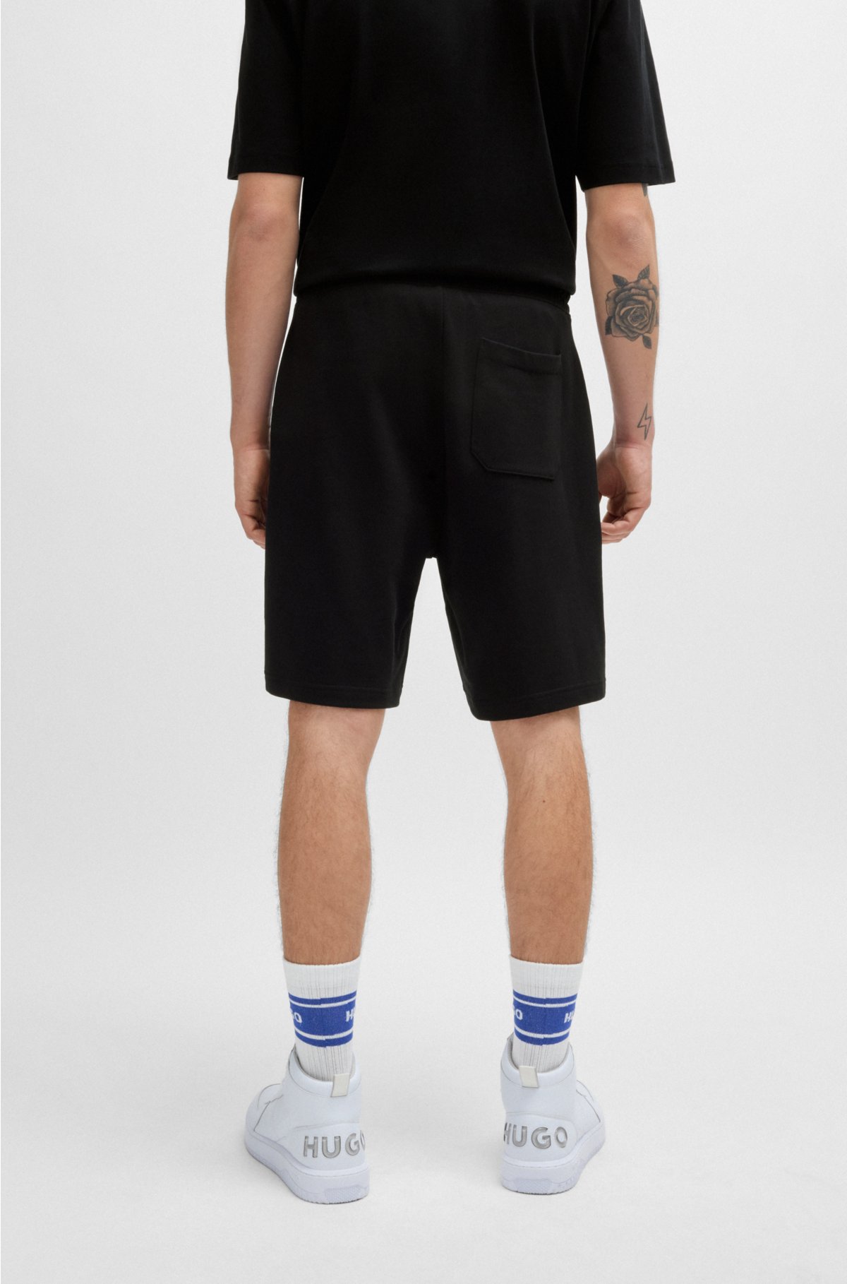 Cotton-terry shorts with blue logo patch, Black