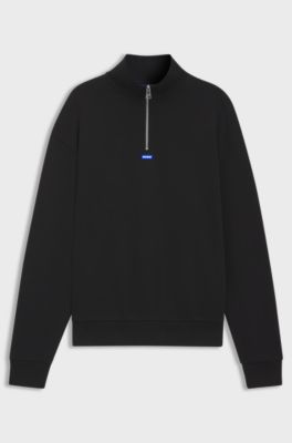 Sweatshirt van katoenen sweatstof met logopatch en kraag met rits, Zwart