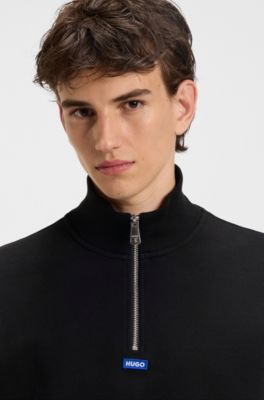 Cotton sweatshirt with zip neck and logo, Black
