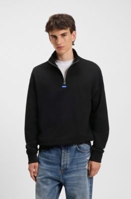 Cotton sweatshirt with zip neck and logo, Black