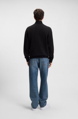 Zip-neck sweatshirt in cotton terry with logo patch, Black