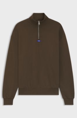 Sweatshirt i bomuldsfrott&eacute; med lynl&aring;s i halsen og logom&aelig;rkat, M&oslash;rkebrun