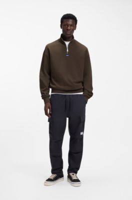 Cotton sweatshirt with zip neck and logo, Dark Brown