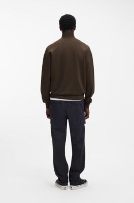 Cotton sweatshirt with zip neck and logo, Dark Brown
