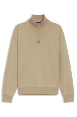 Cotton-terry sweatshirt with zip collar, Beige