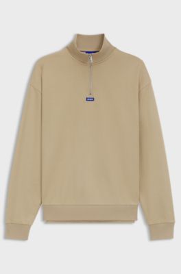 Cotton sweatshirt with zip neck and logo, Beige