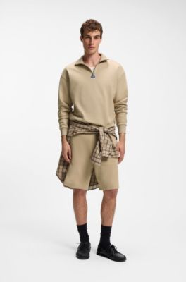 Cotton sweatshirt with zip neck and logo, Beige