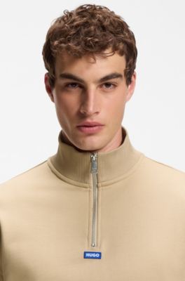 Cotton sweatshirt with zip neck and logo, Beige