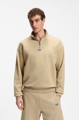 Cotton sweatshirt with zip neck and logo, Beige