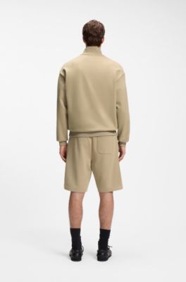 Cotton sweatshirt with zip neck and logo, Beige