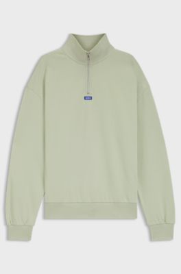 Zip-neck sweatshirt in cotton terry with logo patch, Light Green