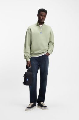 Cotton sweatshirt with zip neck and logo, Light Green