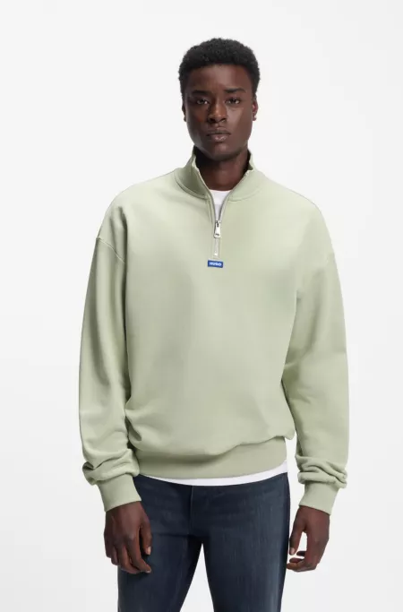 Zip-neck sweatshirt in cotton terry with logo patch
