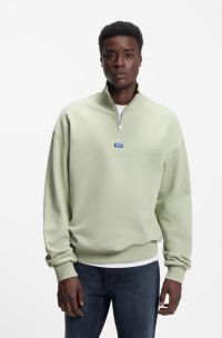 Zip-neck sweatshirt in cotton terry with logo patch, Light Green