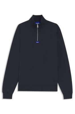 Zip-neck sweatshirt in cotton terry with logo patch, Dark Blue