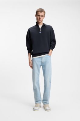 Cotton sweatshirt with zip neck and logo, Dark Blue
