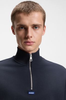 Sweat en molleton de coton &agrave; encolure zipp&eacute;e et patch logo, Bleu fonc&eacute;