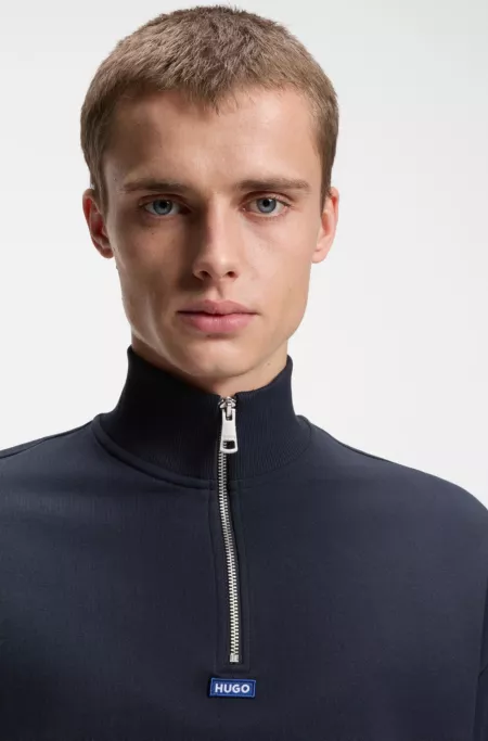 Zip-neck sweatshirt in cotton terry with logo patch