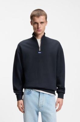 Cotton sweatshirt with zip neck and logo, Dark Blue
