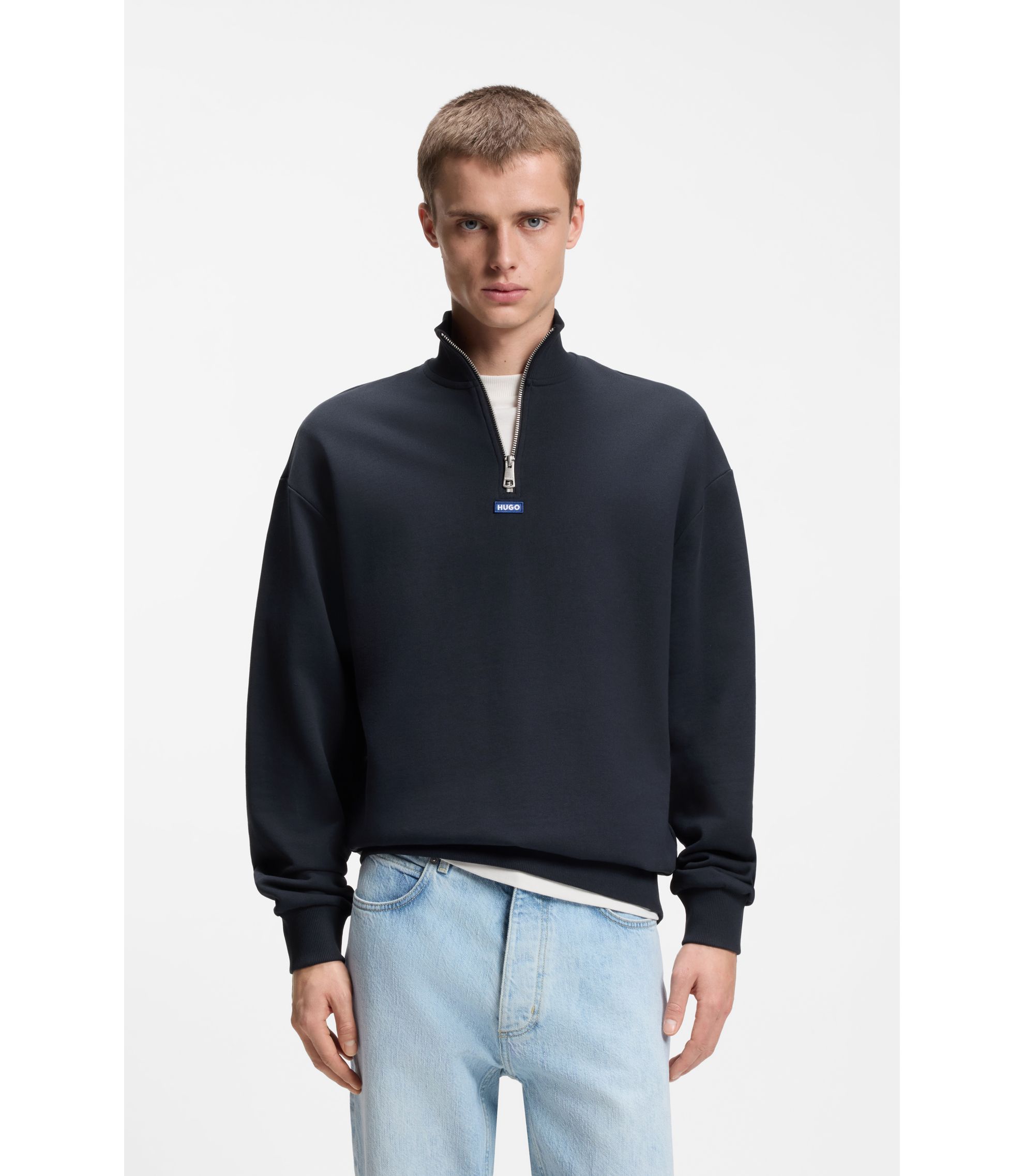 Sweatshirt aus Baumwoll-Terry mit Reißverschluss am Kragen und Logo-Aufnäher