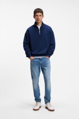 Cotton sweatshirt with zip neck and logo, Dark Blue