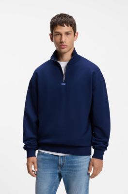 Cotton sweatshirt with zip neck and logo, Dark Blue