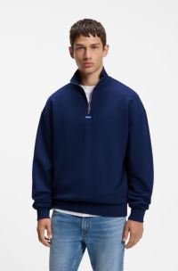 Cotton-terry sweatshirt with zip collar, Dark Blue