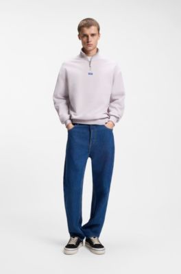 Zip-neck sweatshirt in cotton terry with logo patch, Light Purple
