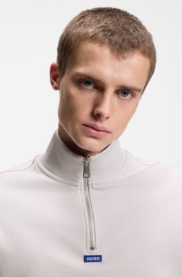 Zip-neck sweatshirt in cotton terry with logo patch, Light Purple