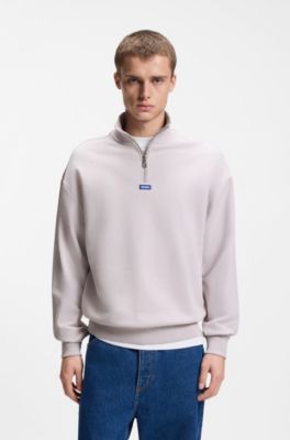 Zip-neck sweatshirt in cotton terry with logo patch, Light Purple