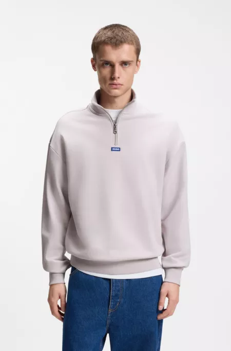 Zip-neck sweatshirt in cotton terry with logo patch