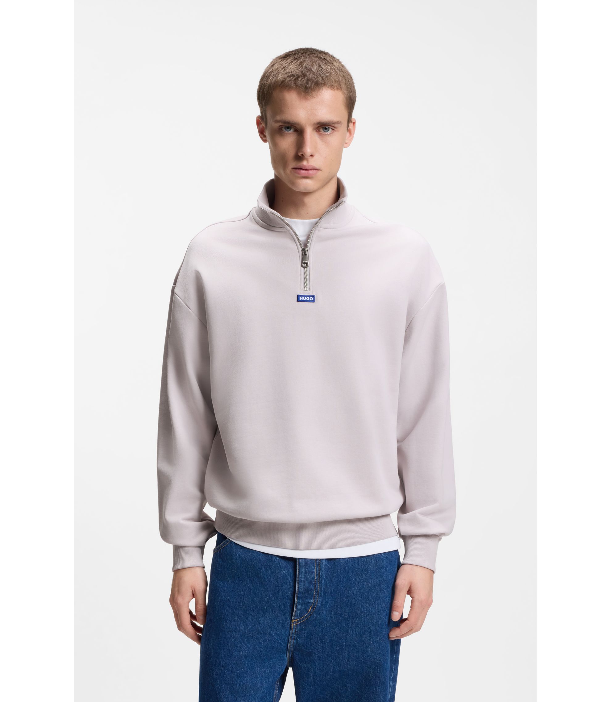 Sweatshirt aus Baumwoll-Terry mit Reißverschluss am Kragen und Logo-Aufnäher