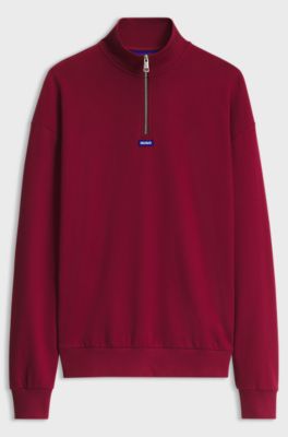 Zip-neck cotton sweatshirt, Red