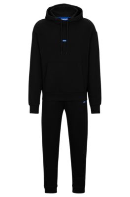 Cotton tracksuit set with blue logo patch, Black