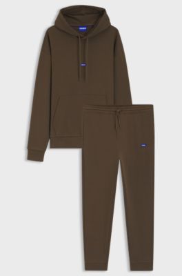 Cotton tracksuit set with blue logo patch, Dark Brown