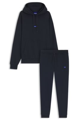 Cotton-terry tracksuit with blue logo labels, Dark Blue