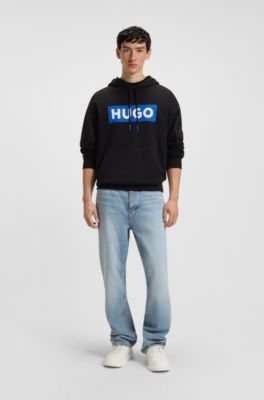 Regular-fit hoodie in cotton terry with logo print, Black
