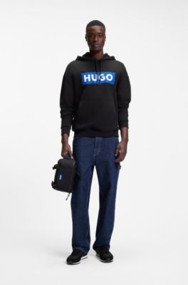 Cotton-terry hoodie with rectangle logo print, Black