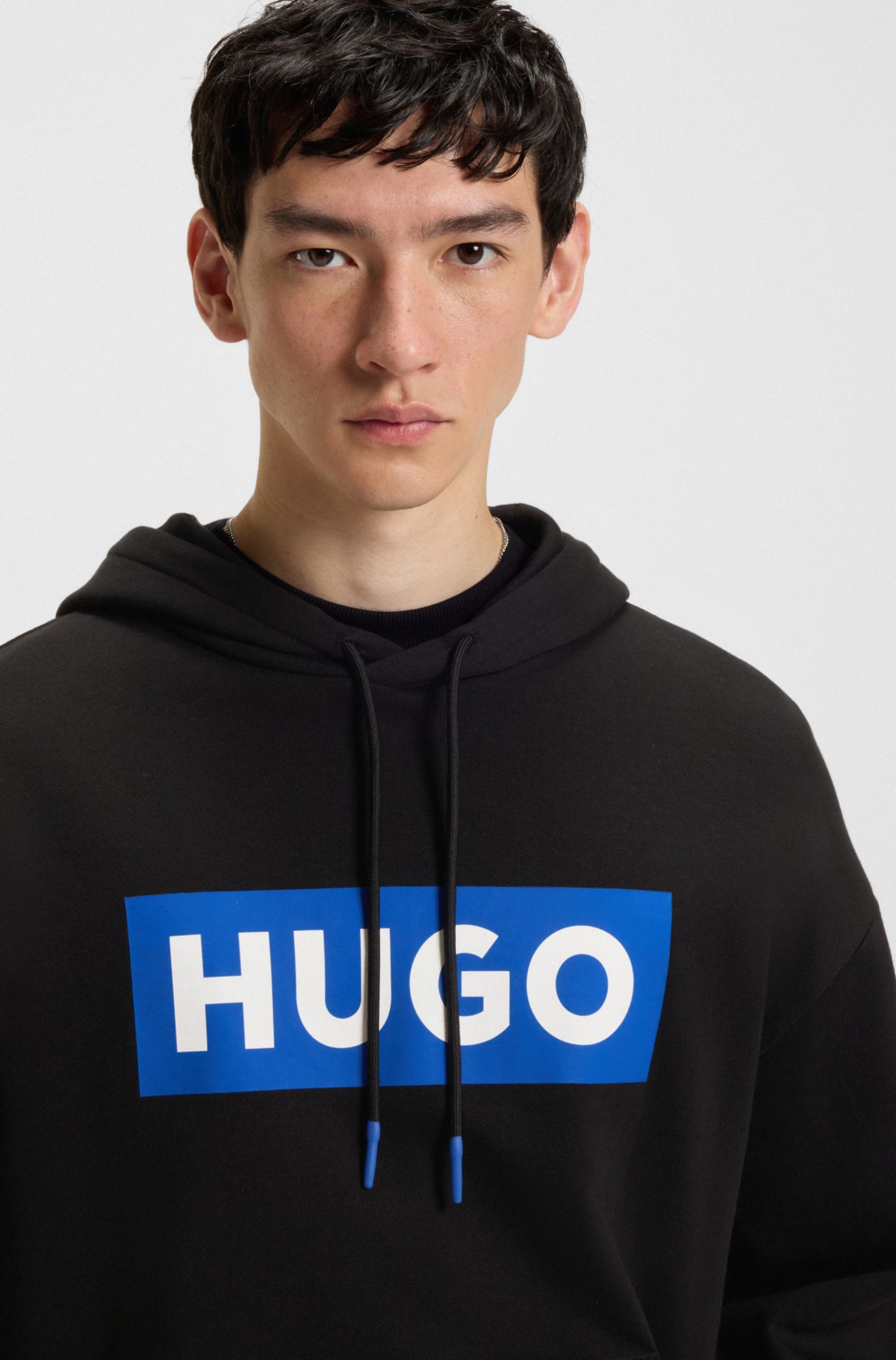 Regular-fit hoodie in cotton terry with logo print, Black