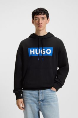Regular-fit hoodie in cotton terry with logo print, Black