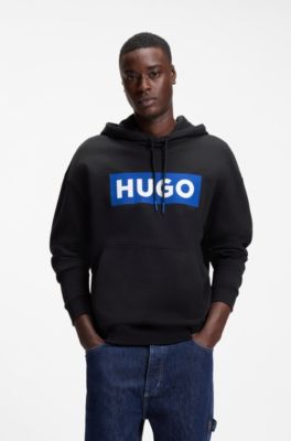 Cotton-terry hoodie with rectangle logo print, Black