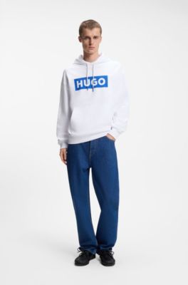 Prenda con capucha de felpa de algod&oacute;n con logo estampado rectangular, Blanco