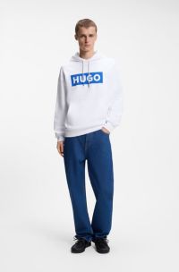 Prenda con capucha de felpa de algod&oacute;n con logo estampado rectangular, Blanco