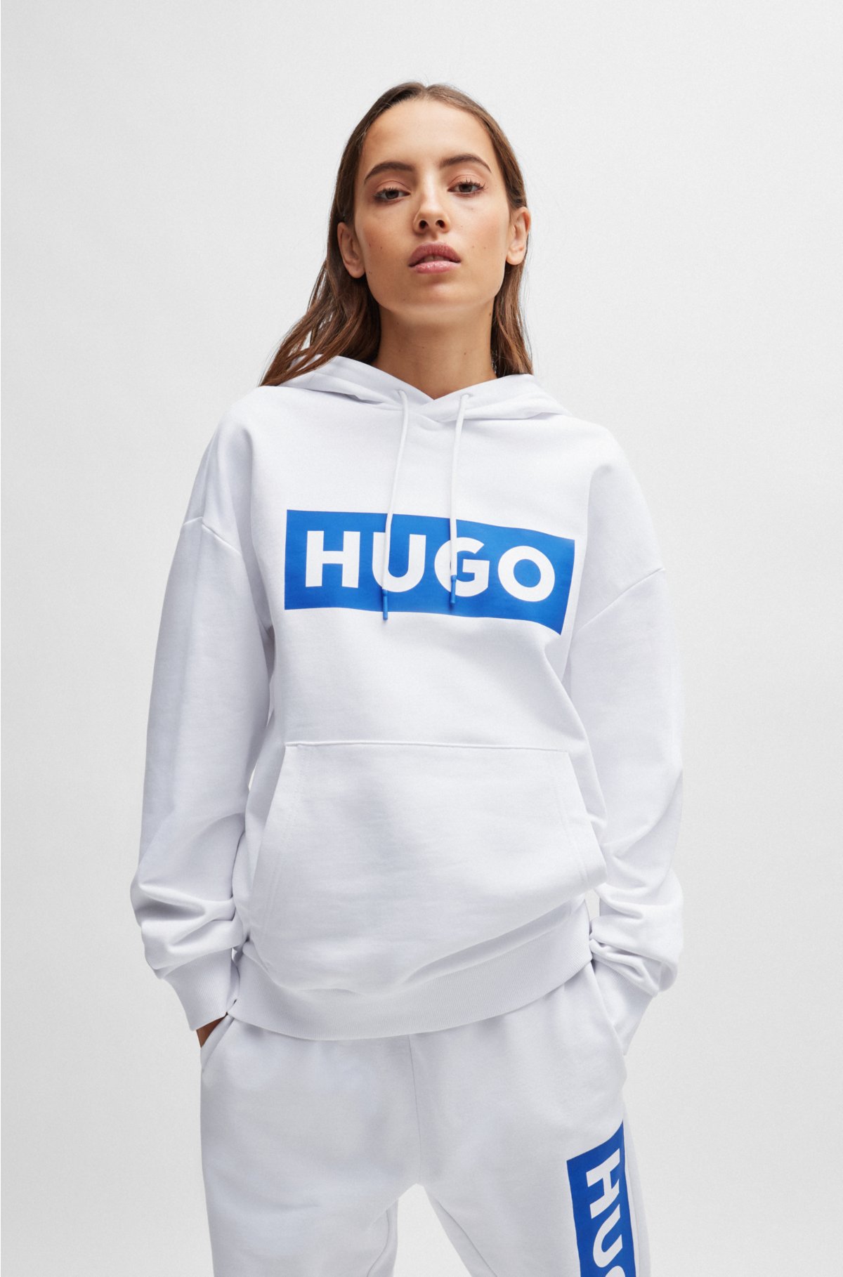 Relaxed-fit hoodie in French terry with logo print, White