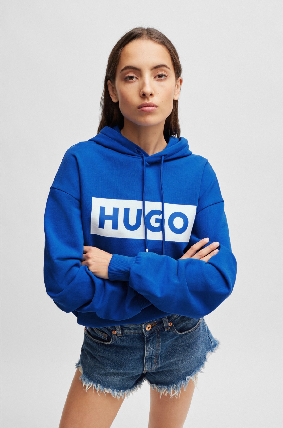 Relaxed-fit hoodie in French terry with logo print, Blue