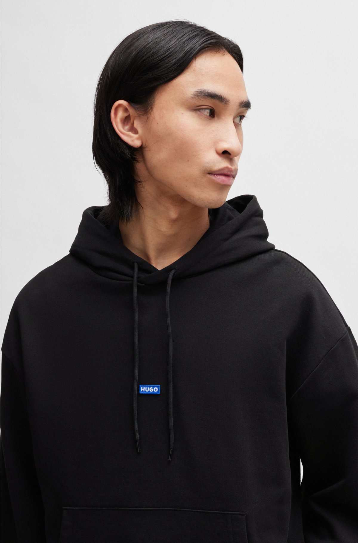 HUGO - Cotton-terry hoodie with blue logo label