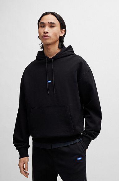 Cotton-terry hoodie with blue logo label, Black