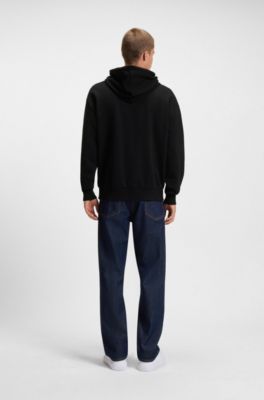 Felpa con cappuccio in terry di cotone con toppa con logo blu, Nero