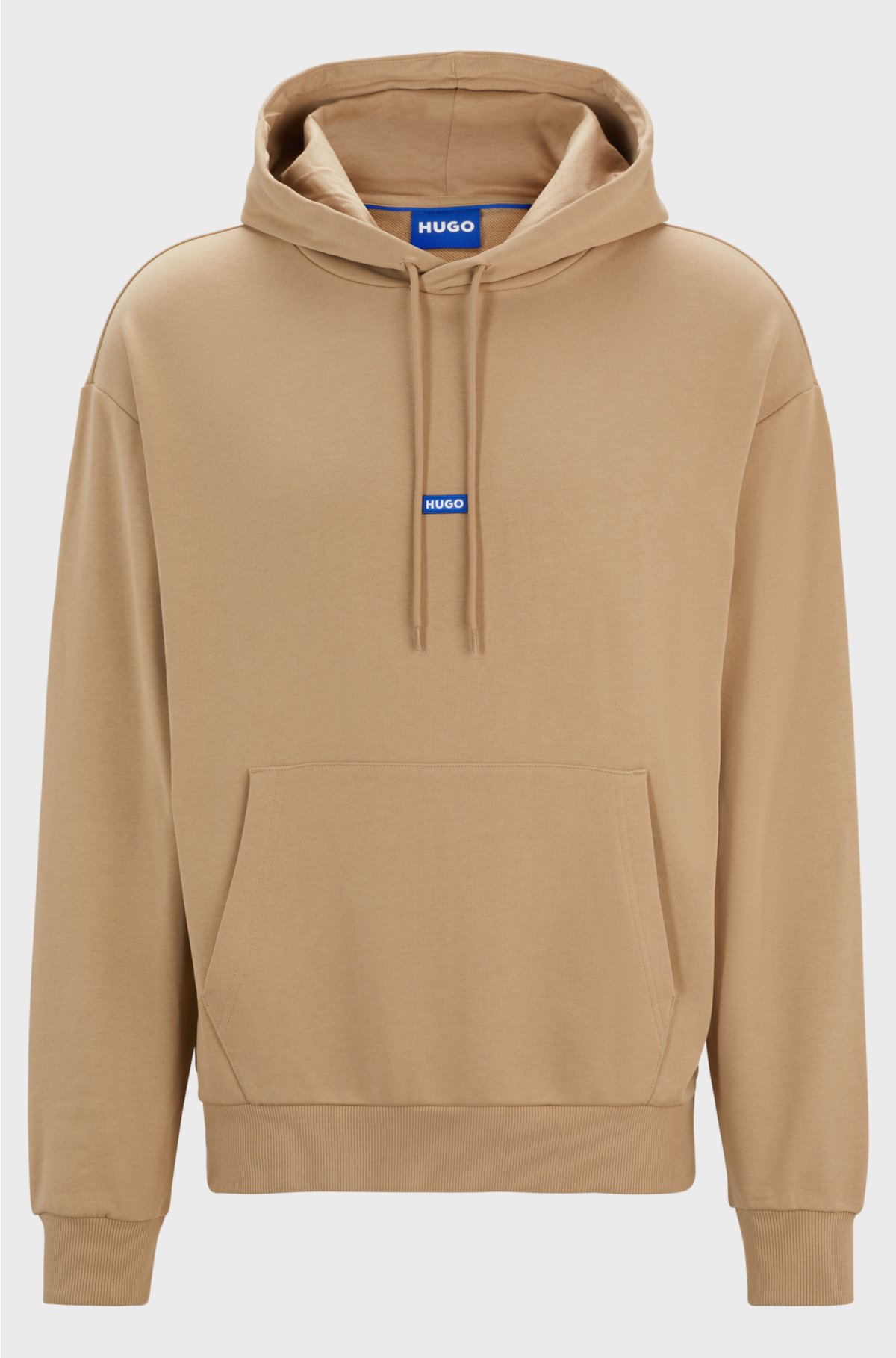 Cotton-terry hoodie with blue logo label, Beige
