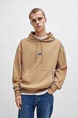 Cotton-terry hoodie with blue logo label, Beige